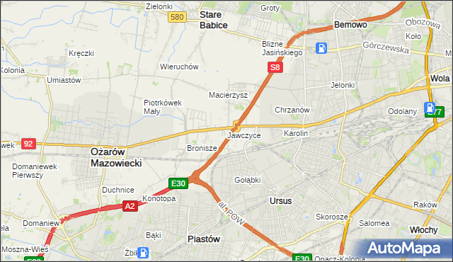 mapa Jawczyce gmina Ożarów Mazowiecki, Jawczyce gmina Ożarów Mazowiecki na mapie Targeo