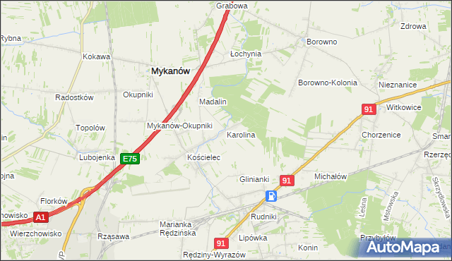 mapa Karolina gmina Rędziny, Karolina gmina Rędziny na mapie Targeo