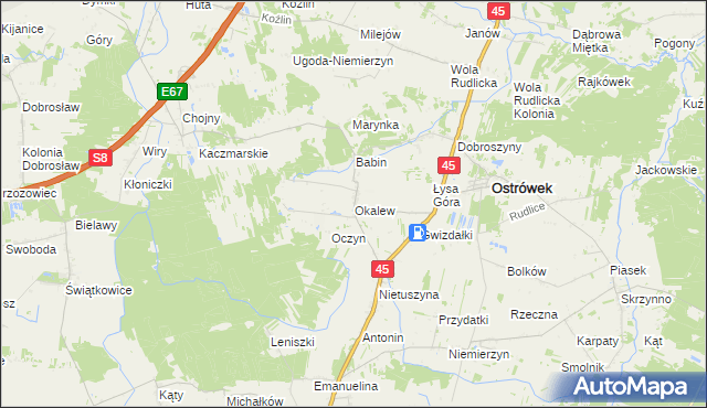 mapa Okalew gmina Ostrówek, Okalew gmina Ostrówek na mapie Targeo