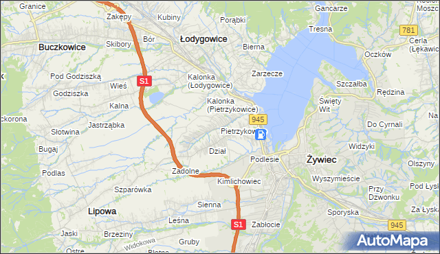 mapa Pietrzykowice gmina Łodygowice, Pietrzykowice gmina Łodygowice na mapie Targeo