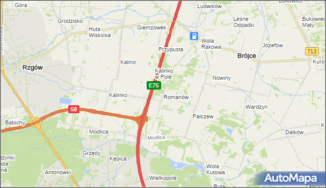 mapa Romanów gmina Rzgów, Romanów gmina Rzgów na mapie Targeo