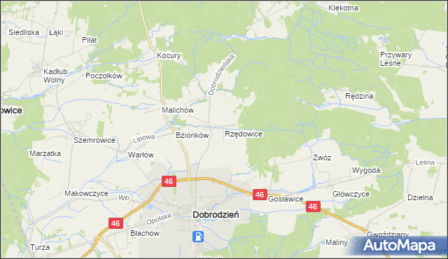 mapa Rzędowice gmina Dobrodzień, Rzędowice gmina Dobrodzień na mapie Targeo