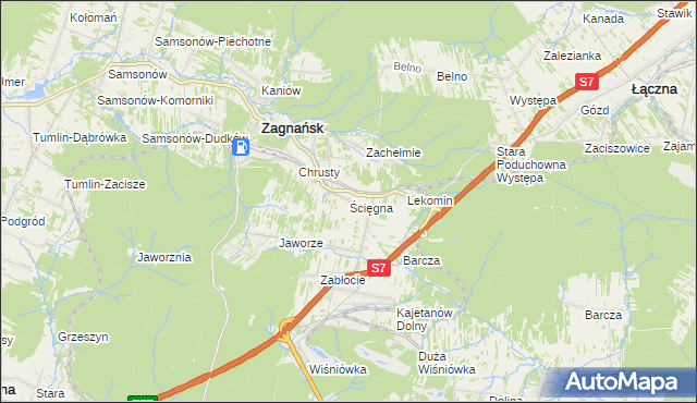 mapa Ścięgna gmina Zagnańsk, Ścięgna gmina Zagnańsk na mapie Targeo