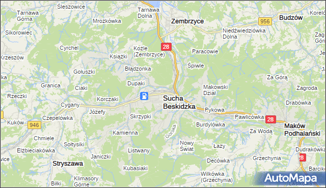 mapa Sucha Beskidzka, Sucha Beskidzka na mapie Targeo