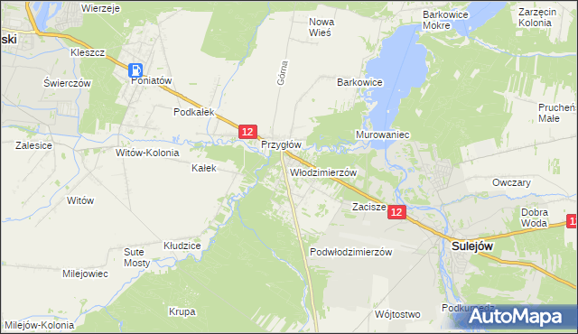 mapa Włodzimierzów gmina Sulejów, Włodzimierzów gmina Sulejów na mapie Targeo