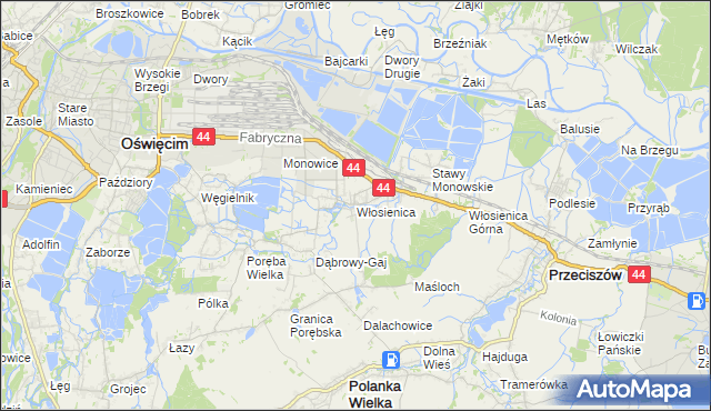 mapa Włosienica gmina Oświęcim, Włosienica gmina Oświęcim na mapie Targeo