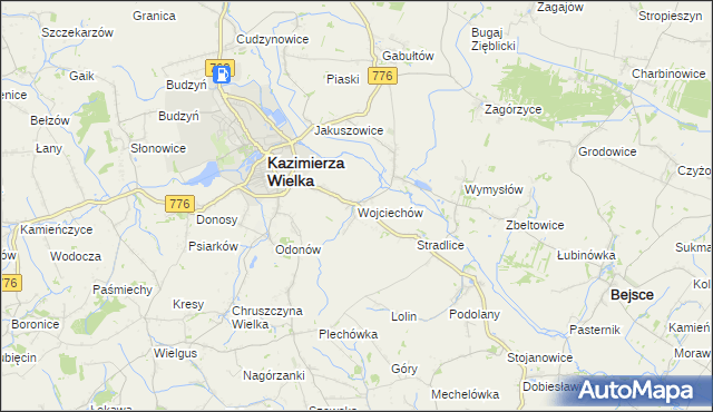 mapa Wojciechów gmina Kazimierza Wielka, Wojciechów gmina Kazimierza Wielka na mapie Targeo