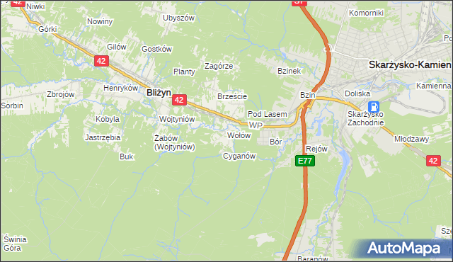 mapa Wołów gmina Bliżyn, Wołów gmina Bliżyn na mapie Targeo