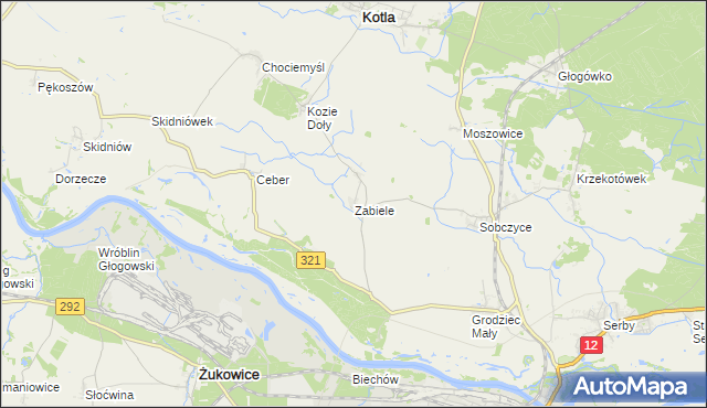 mapa Zabiele gmina Kotla, Zabiele gmina Kotla na mapie Targeo