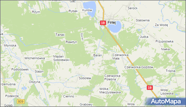 mapa Baran gmina Firlej, Baran gmina Firlej na mapie Targeo