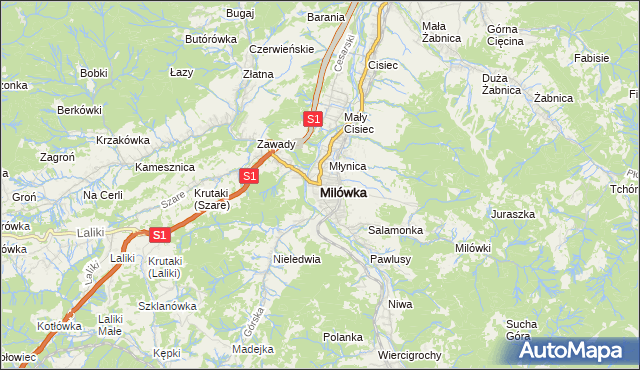 mapa Milówka powiat żywiecki, Milówka powiat żywiecki na mapie Targeo