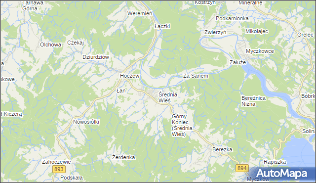 mapa Średnia Wieś gmina Lesko, Średnia Wieś gmina Lesko na mapie Targeo