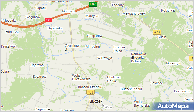 mapa Wilkowyja gmina Buczek, Wilkowyja gmina Buczek na mapie Targeo