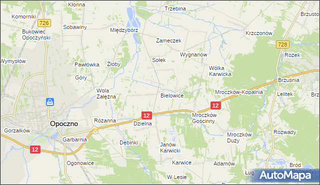 mapa Bielowice gmina Opoczno, Bielowice gmina Opoczno na mapie Targeo