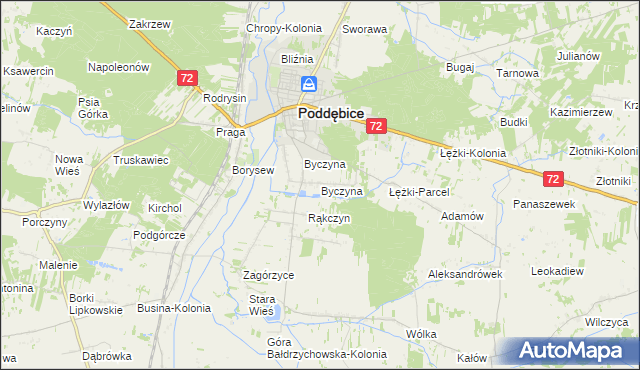 mapa Byczyna gmina Poddębice, Byczyna gmina Poddębice na mapie Targeo