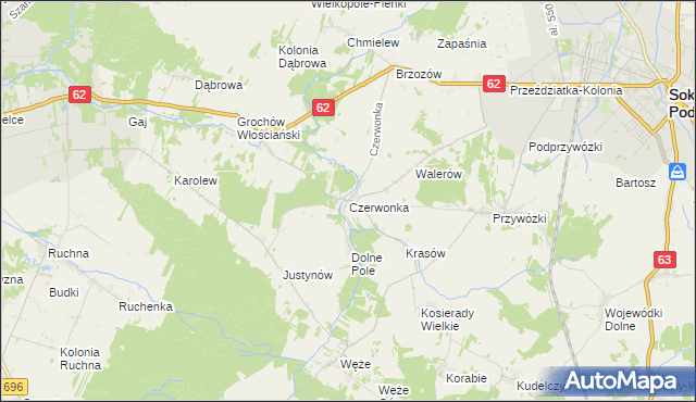 mapa Czerwonka gmina Sokołów Podlaski, Czerwonka gmina Sokołów Podlaski na mapie Targeo