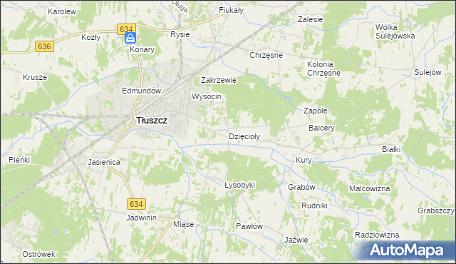 mapa Dzięcioły gmina Tłuszcz, Dzięcioły gmina Tłuszcz na mapie Targeo