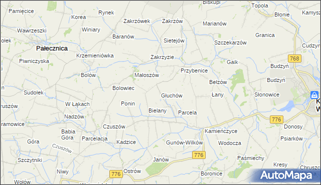 mapa Głuchów gmina Kazimierza Wielka, Głuchów gmina Kazimierza Wielka na mapie Targeo