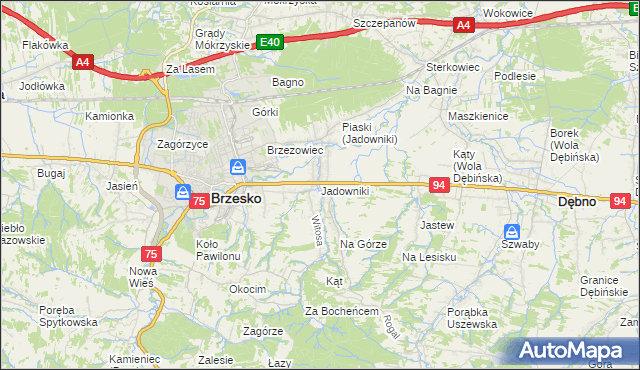 mapa Jadowniki gmina Brzesko, Jadowniki gmina Brzesko na mapie Targeo