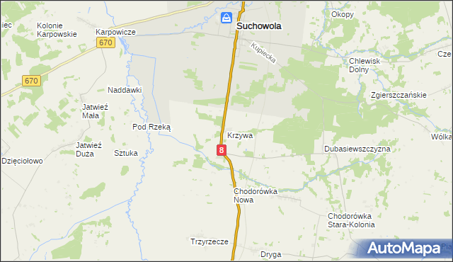 mapa Krzywa gmina Suchowola, Krzywa gmina Suchowola na mapie Targeo