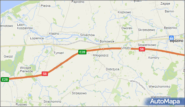 mapa Miłogoszcz gmina Będzino, Miłogoszcz gmina Będzino na mapie Targeo