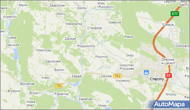 mapa Polichno gmina Chęciny, Polichno gmina Chęciny na mapie Targeo