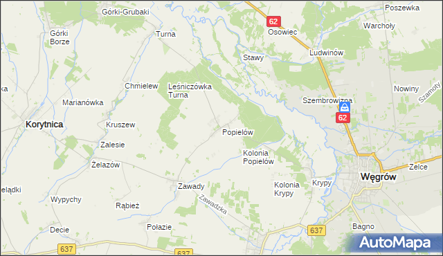 mapa Popielów gmina Liw, Popielów gmina Liw na mapie Targeo