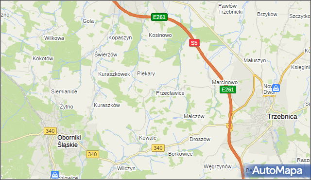 mapa Przecławice gmina Oborniki Śląskie, Przecławice gmina Oborniki Śląskie na mapie Targeo