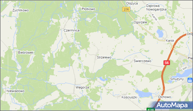 mapa Strzelewo gmina Nowogard, Strzelewo gmina Nowogard na mapie Targeo