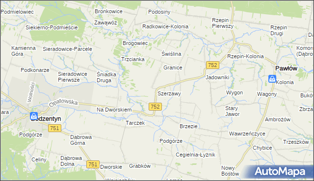 mapa Szerzawy gmina Pawłów, Szerzawy gmina Pawłów na mapie Targeo