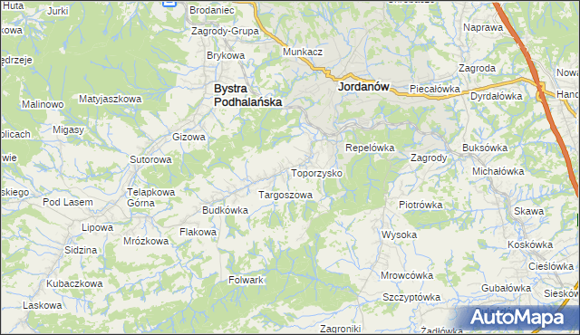 mapa Toporzysko gmina Jordanów, Toporzysko gmina Jordanów na mapie Targeo