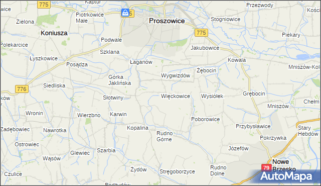 mapa Więckowice gmina Proszowice, Więckowice gmina Proszowice na mapie Targeo