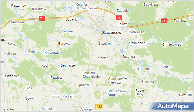 mapa Brzezie gmina Szczerców, Brzezie gmina Szczerców na mapie Targeo