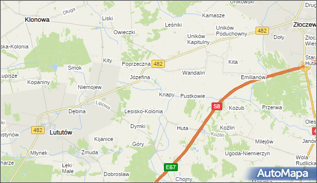 mapa Knapy gmina Lututów, Knapy gmina Lututów na mapie Targeo