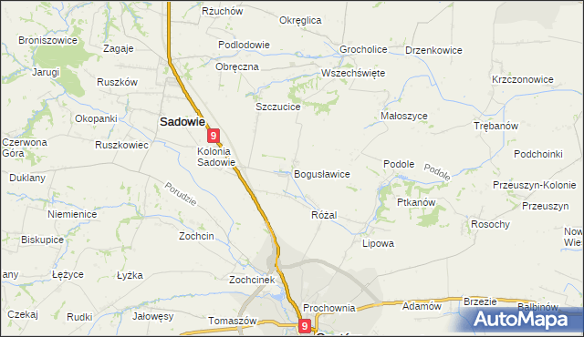 mapa Bogusławice gmina Sadowie, Bogusławice gmina Sadowie na mapie Targeo