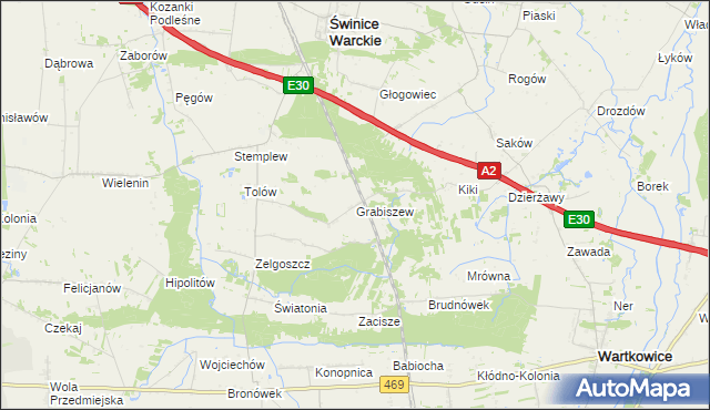 mapa Grabiszew gmina Wartkowice, Grabiszew gmina Wartkowice na mapie Targeo