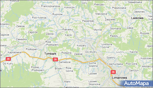 mapa Koszary gmina Limanowa, Koszary gmina Limanowa na mapie Targeo