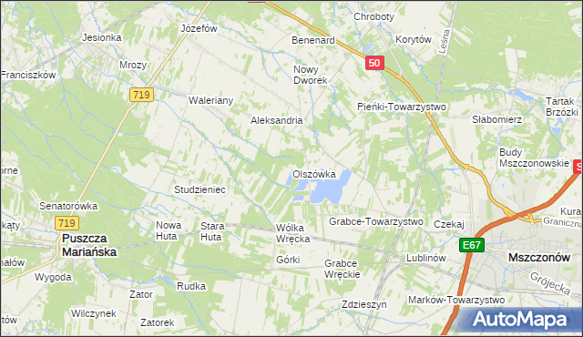 mapa Olszówka gmina Mszczonów, Olszówka gmina Mszczonów na mapie Targeo