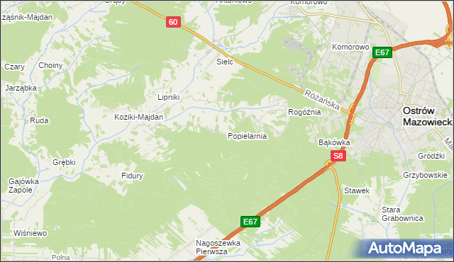 mapa Popielarnia gmina Ostrów Mazowiecka, Popielarnia gmina Ostrów Mazowiecka na mapie Targeo