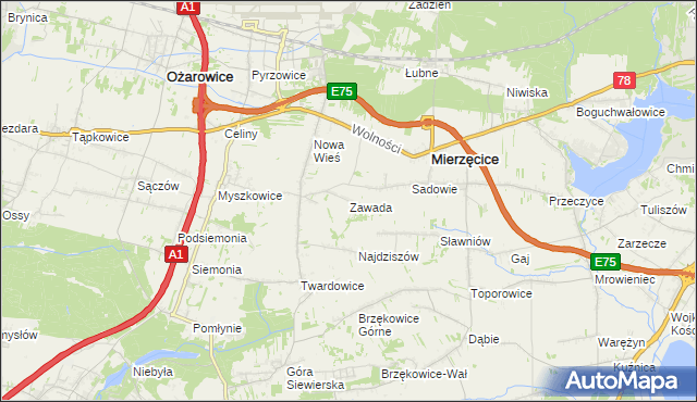 mapa Zawada gmina Mierzęcice, Zawada gmina Mierzęcice na mapie Targeo