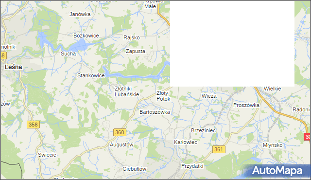 mapa Złoty Potok gmina Leśna, Złoty Potok gmina Leśna na mapie Targeo