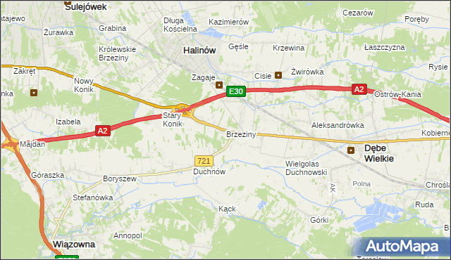 mapa Brzeziny gmina Halinów, Brzeziny gmina Halinów na mapie Targeo