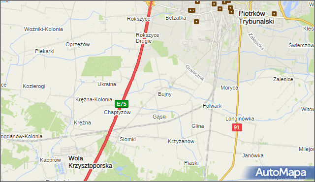 mapa Bujny gmina Wola Krzysztoporska, Bujny gmina Wola Krzysztoporska na mapie Targeo