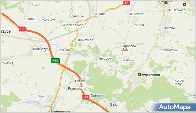 mapa Jakubów gmina Radwanice, Jakubów gmina Radwanice na mapie Targeo