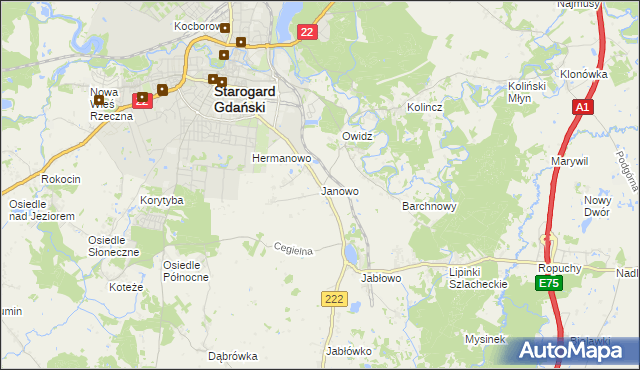 mapa Janowo gmina Starogard Gdański, Janowo gmina Starogard Gdański na mapie Targeo