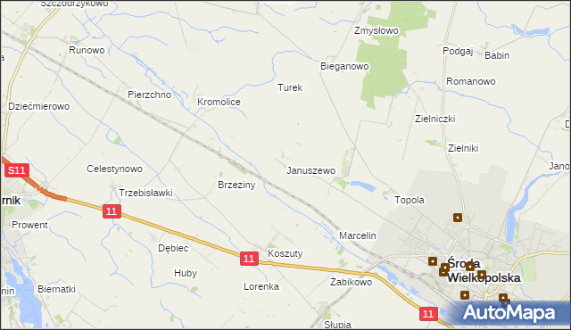 mapa Januszewo gmina Środa Wielkopolska, Januszewo gmina Środa Wielkopolska na mapie Targeo