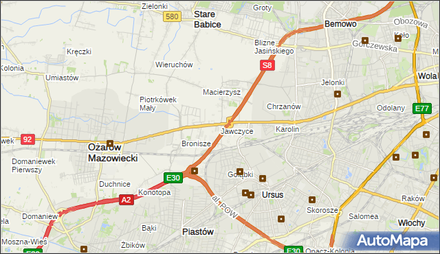 mapa Jawczyce gmina Ożarów Mazowiecki, Jawczyce gmina Ożarów Mazowiecki na mapie Targeo