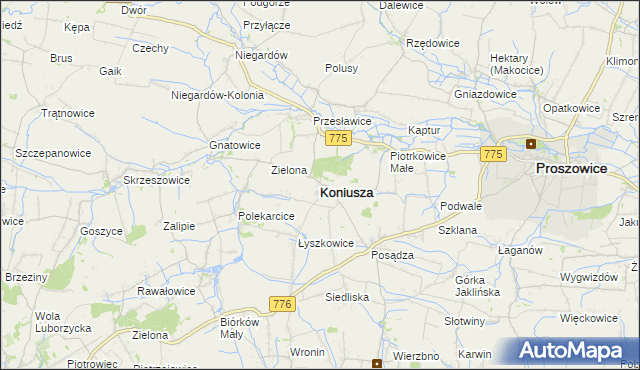 mapa Koniusza powiat proszowicki, Koniusza powiat proszowicki na mapie Targeo