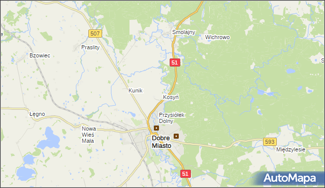 mapa Kosyń gmina Dobre Miasto, Kosyń gmina Dobre Miasto na mapie Targeo