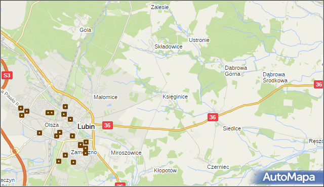 mapa Księginice gmina Lubin, Księginice gmina Lubin na mapie Targeo